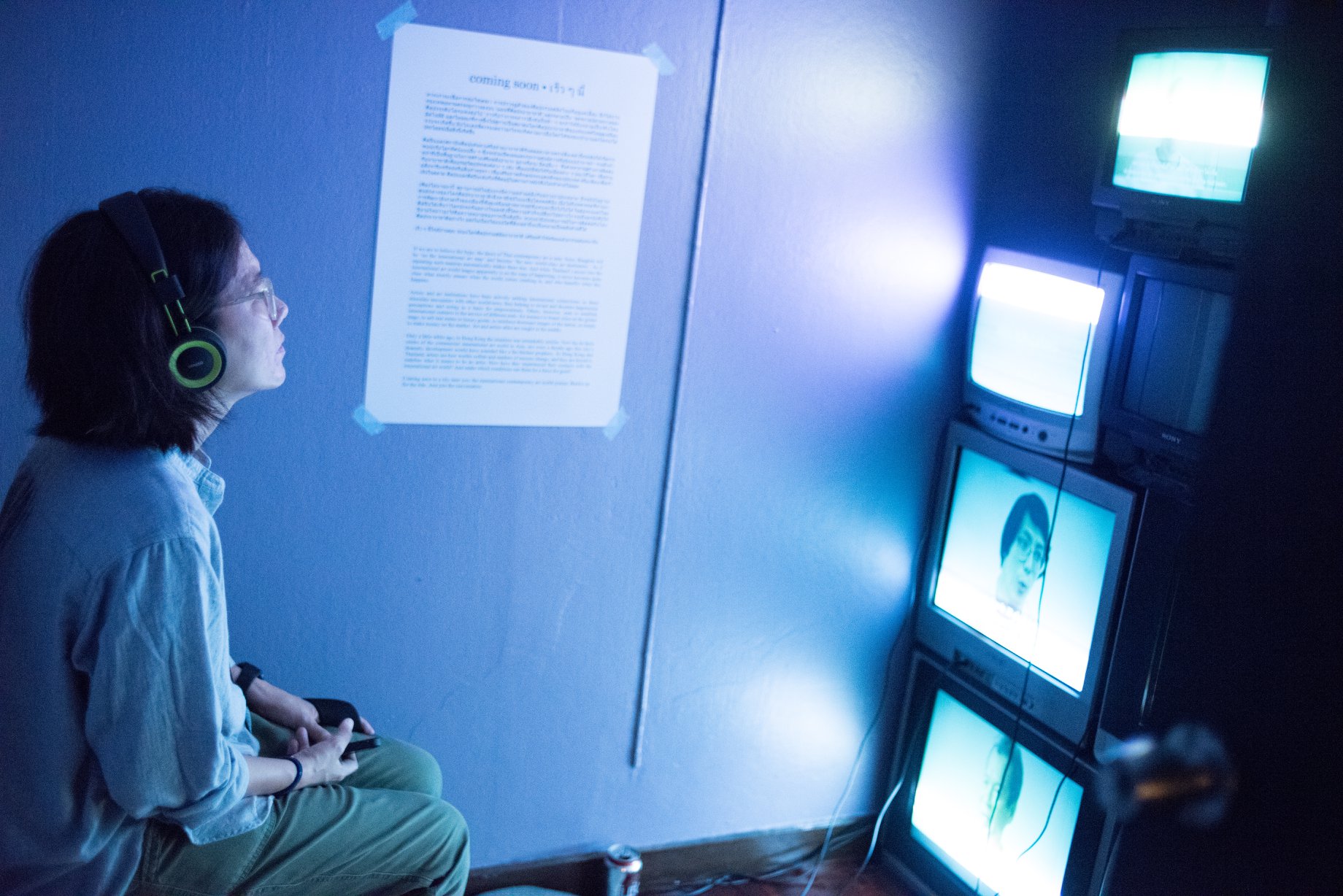 Installation view of CRT monitor wall at coming soon pavilion